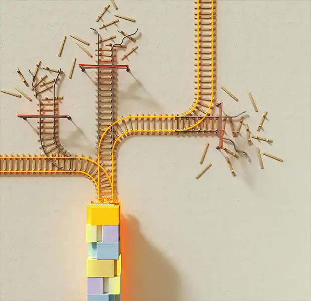 Abstract 3D train tracks diverging in chaotic directions, representing the complexity of AI-driven content saturation and lead generation pathways
