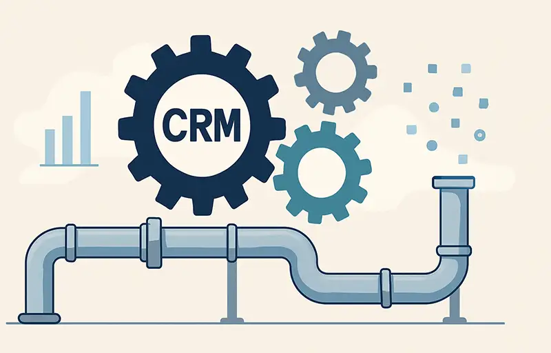 Diagram showing gears and pipelines symbolizing CRM structure