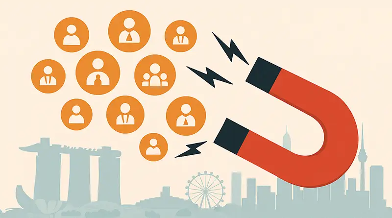 Abstract magnet pulling in targeted business icons over a Singapore city outline, symbolising outsourced lead generation